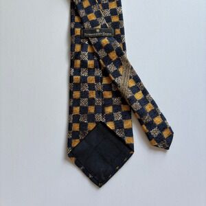 Ermenegildo Zegna 100% Silk Tie Navy Blue Mustard Yellow Checkered Pattern